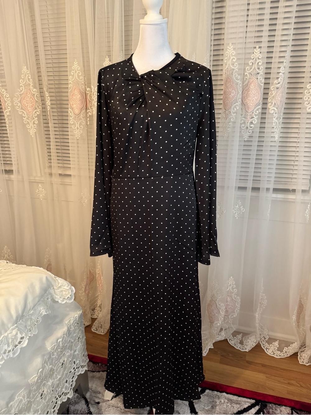 Black Polka Dot Long Sleeve Maxi Dress